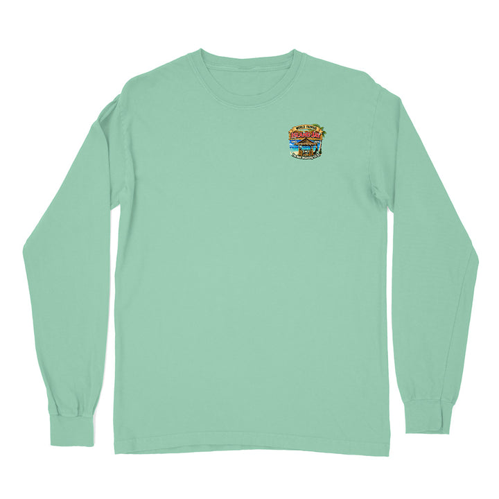 A mint green long-sleeve t-shirt with a small colorful graphic on the left chest, displayed flat against a solid white background.