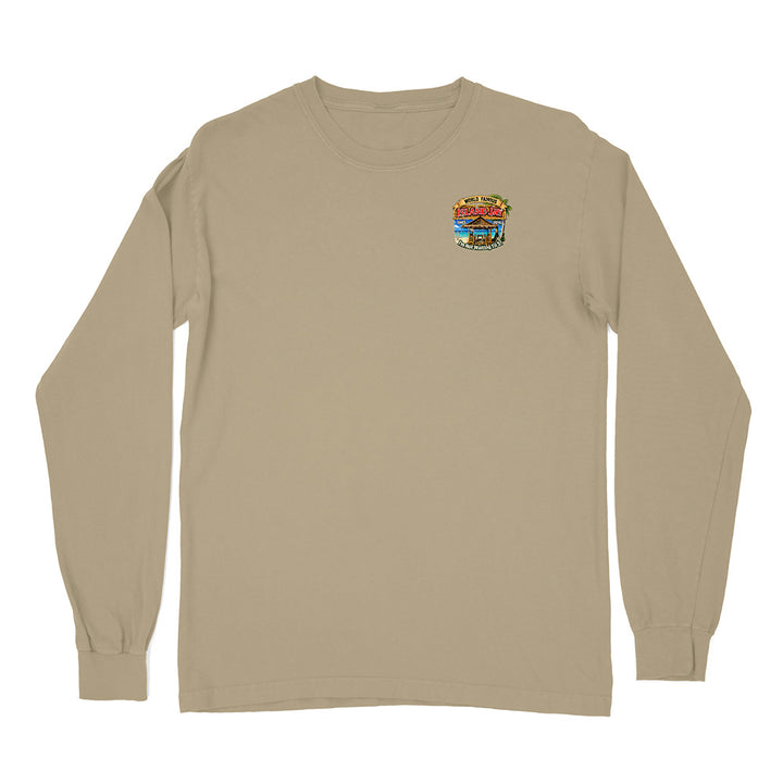 A beige long-sleeve crewneck t-shirt with a small colorful graphic on the left chest, displayed on a solid white background.