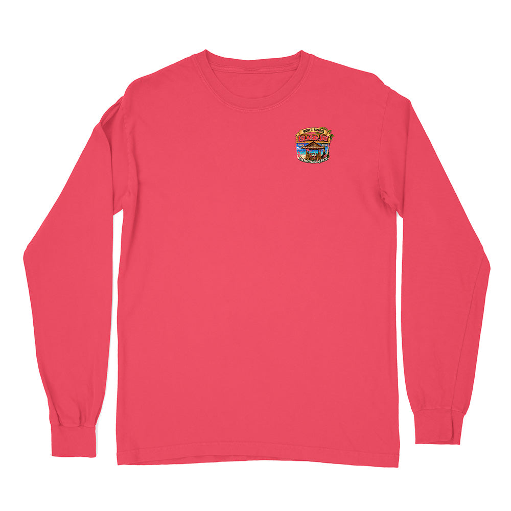 A coral pink long-sleeve t-shirt with a small circular graphic on the left chest, displayed flat against a solid white background.
