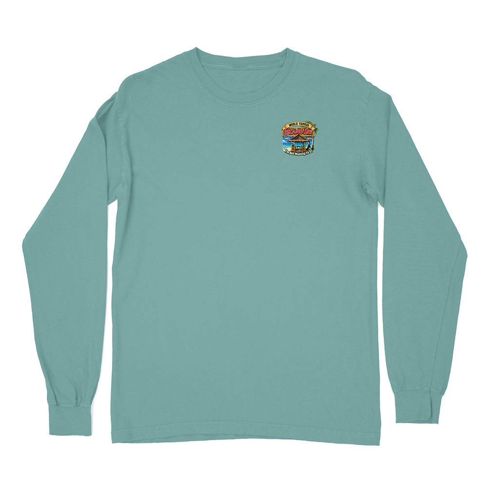 A long-sleeve crewneck t-shirt in a muted teal-green color, featuring a small colorful graphic on the left chest with the text 'The Great Outdoors' and a mountain illustration.