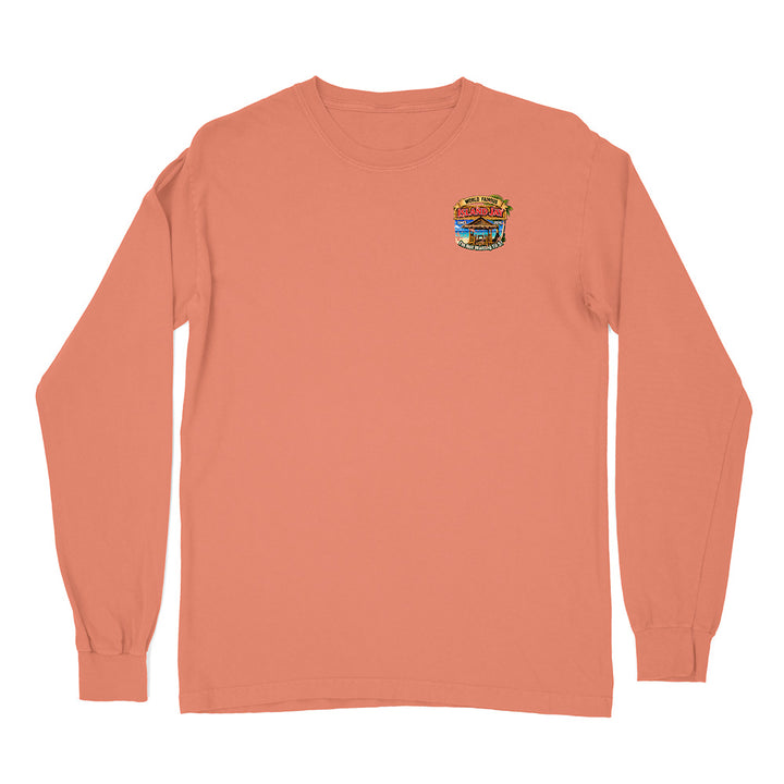 A peach-colored long-sleeve t-shirt with a small multicolor graphic on the left chest, displayed flat against a solid white background.