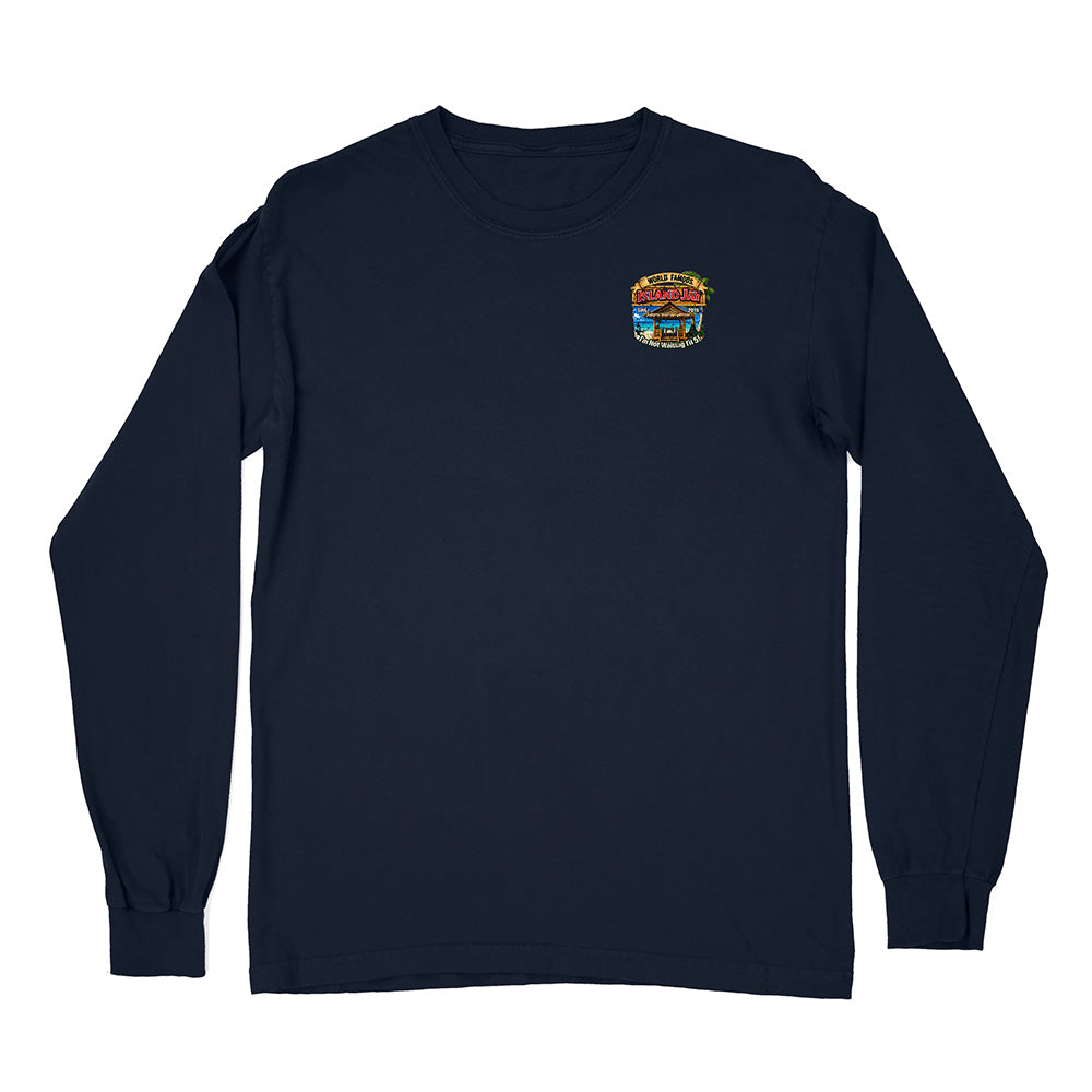 A navy blue long-sleeve crewneck t-shirt with a small circular graphic printed on the left chest, displayed against a solid white background.