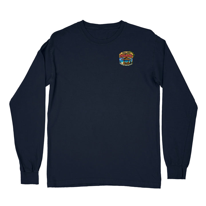 A navy blue long-sleeve crewneck t-shirt with a small circular graphic printed on the left chest, displayed against a solid white background.