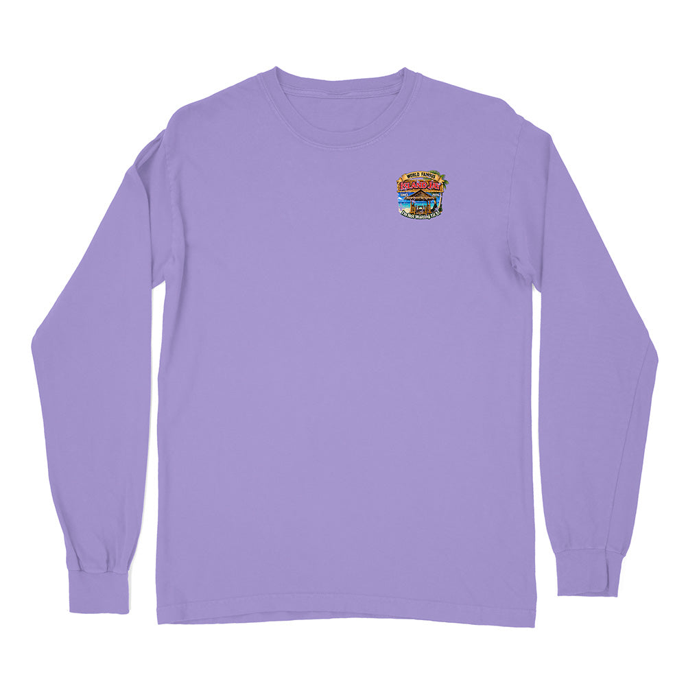 A light purple long-sleeve crewneck t-shirt with a small colorful graphic on the left chest, displayed flat against a solid white background.