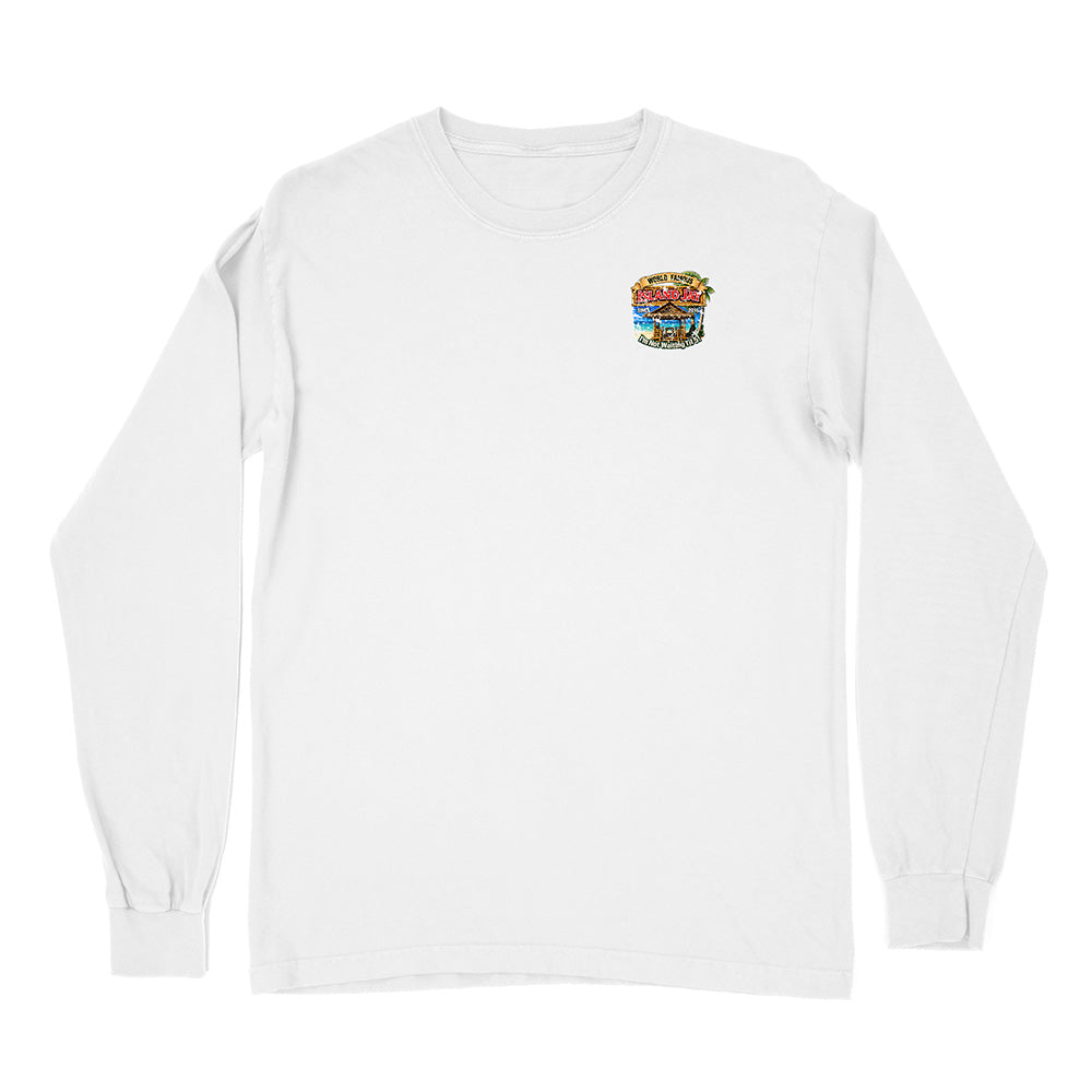 A white long-sleeve crewneck t-shirt with a small colorful graphic on the left chest, displayed flat against a white background.