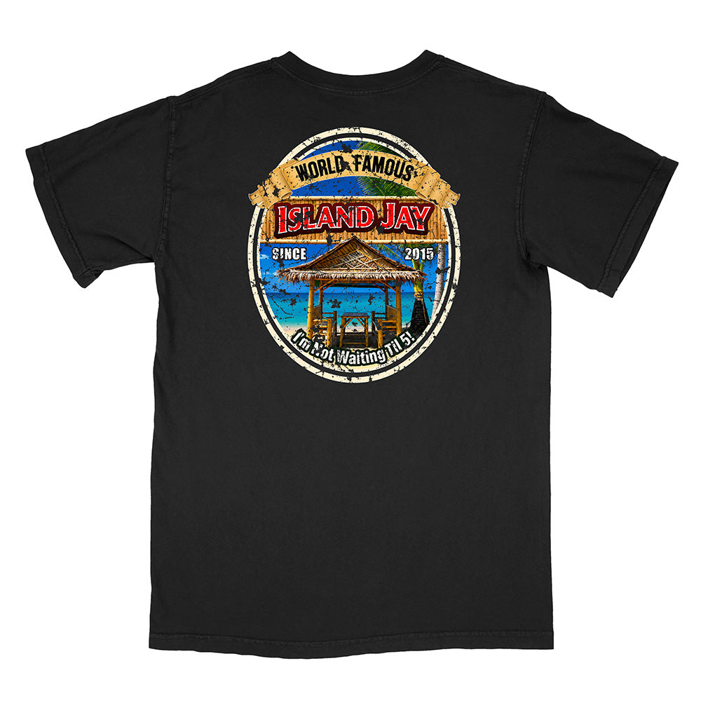 A black short-sleeve t-shirt with a large circular graphic on the back. The graphic features a beach scene with a gazebo and a blue sky, surrounded by a distressed white circle with the text 'WORLD FAMOUS ISLAND JAY' and 'I'm Not Waiting For You'.