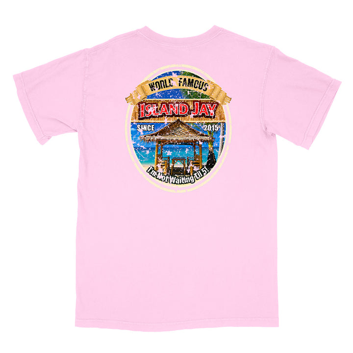 A light pink short-sleeve t-shirt shown from the back, featuring a large circular graphic print on the center back with a beach cabana illustration and the text 'WORLD FAMOUS ISLAND JAY' and 'HONORABLE WAIKIKU 2025'.