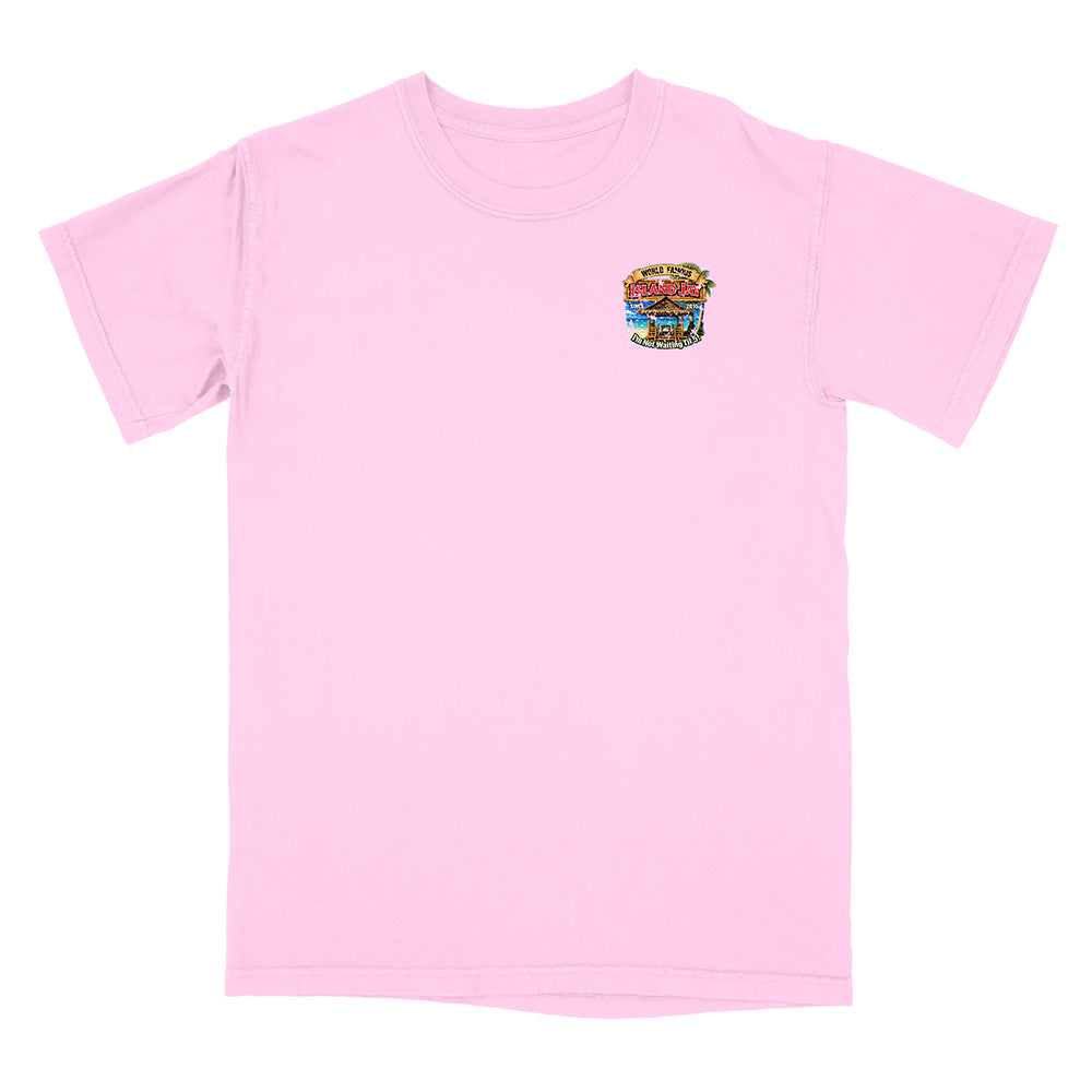 A light pink short-sleeve crewneck t-shirt with a small colorful graphic of a stacked burger on the left chest, displayed on a solid white background.