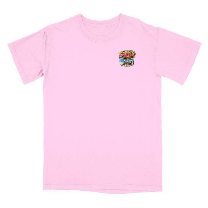 A light pink short-sleeve crewneck t-shirt with a small colorful graphic of a stacked burger on the left chest, displayed on a solid white background.