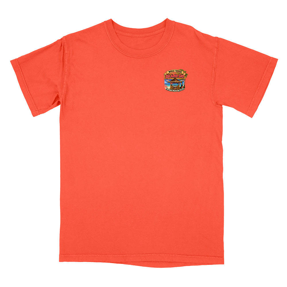 A bright orange short-sleeve crewneck t-shirt with a small multicolor graphic printed on the left chest, displayed flat against a plain white background.