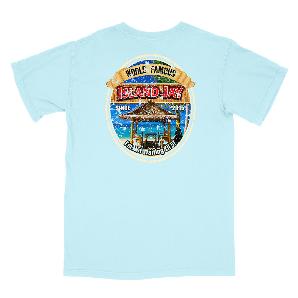 A light blue short-sleeve t-shirt shown from the back, featuring a large circular graphic print with a beach scene, a thatched umbrella, and the text 'World Famous Island Jay' and 'Hanauma Bay National Marine Sanctuary'.