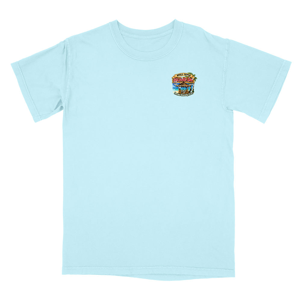 A light blue short-sleeve crewneck t-shirt with a small multicolor graphic of a hamburger on the left chest, displayed on a solid white background.