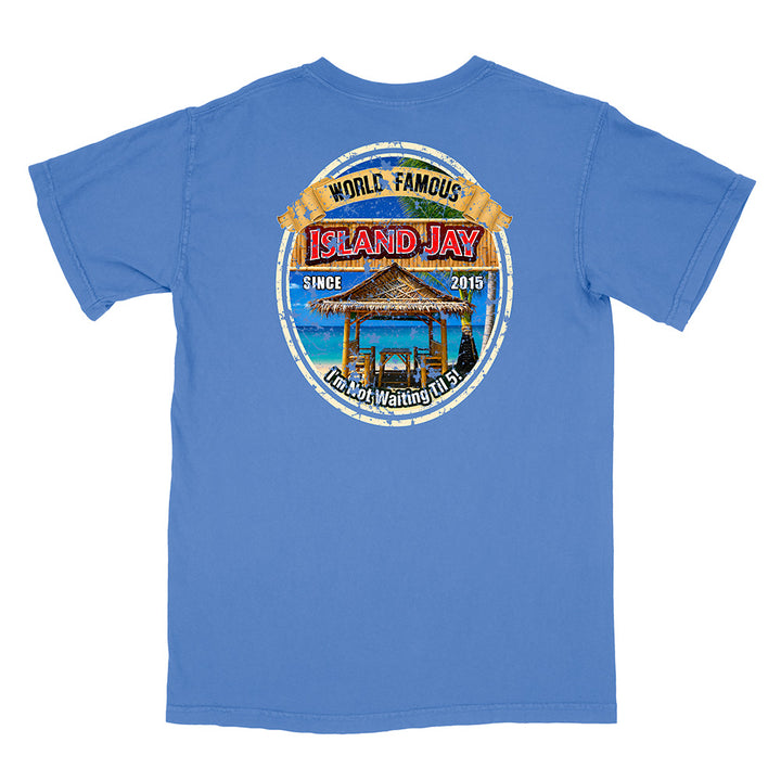 A blue short-sleeve t-shirt shown from the back, featuring a large circular graphic print on the center back with a beach cabana illustration and the text 'WORLD FAMOUS ISLAND JAY' and 'SINCE 2015'.