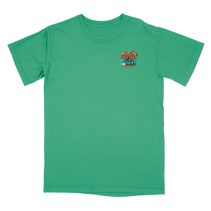 A green short-sleeve crewneck t-shirt with a small multicolor graphic printed on the left chest, displayed flat against a plain white background.