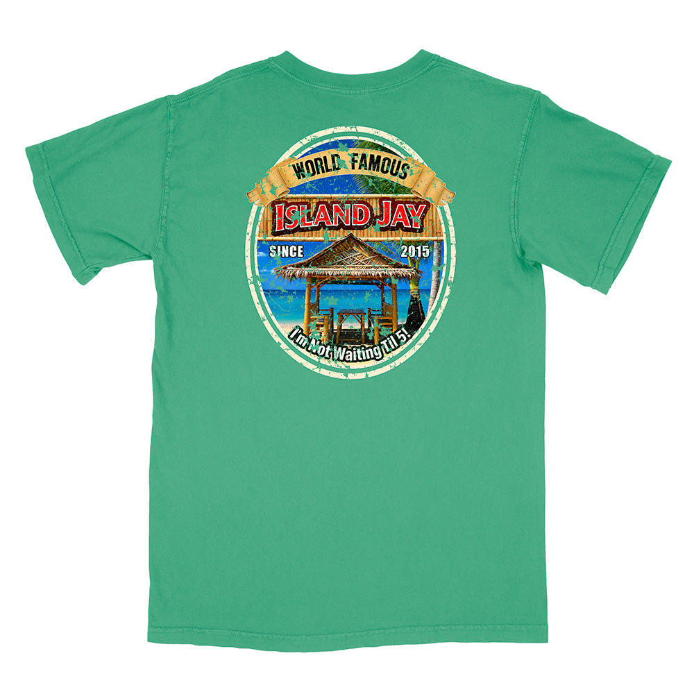 A green short-sleeve t-shirt shown from the back, featuring a large circular graphic print on the center back with a beach bar scene and the text 'ISLAND JAY' and 'WORLD FAMOUS'.