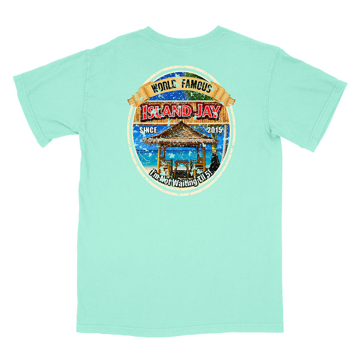 A mint green short-sleeve t-shirt with a large circular graphic on the front. The graphic features a tropical beach scene with a thatched-roof gazebo, blue ocean water, and a tan banner reading 'World Famous Island Jay'.