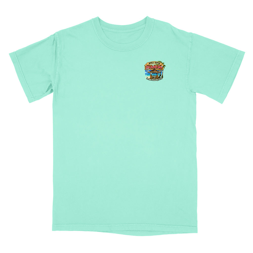 A mint green short-sleeve t-shirt with a small multicolor graphic of a burger on the left chest, displayed flat against a white background.