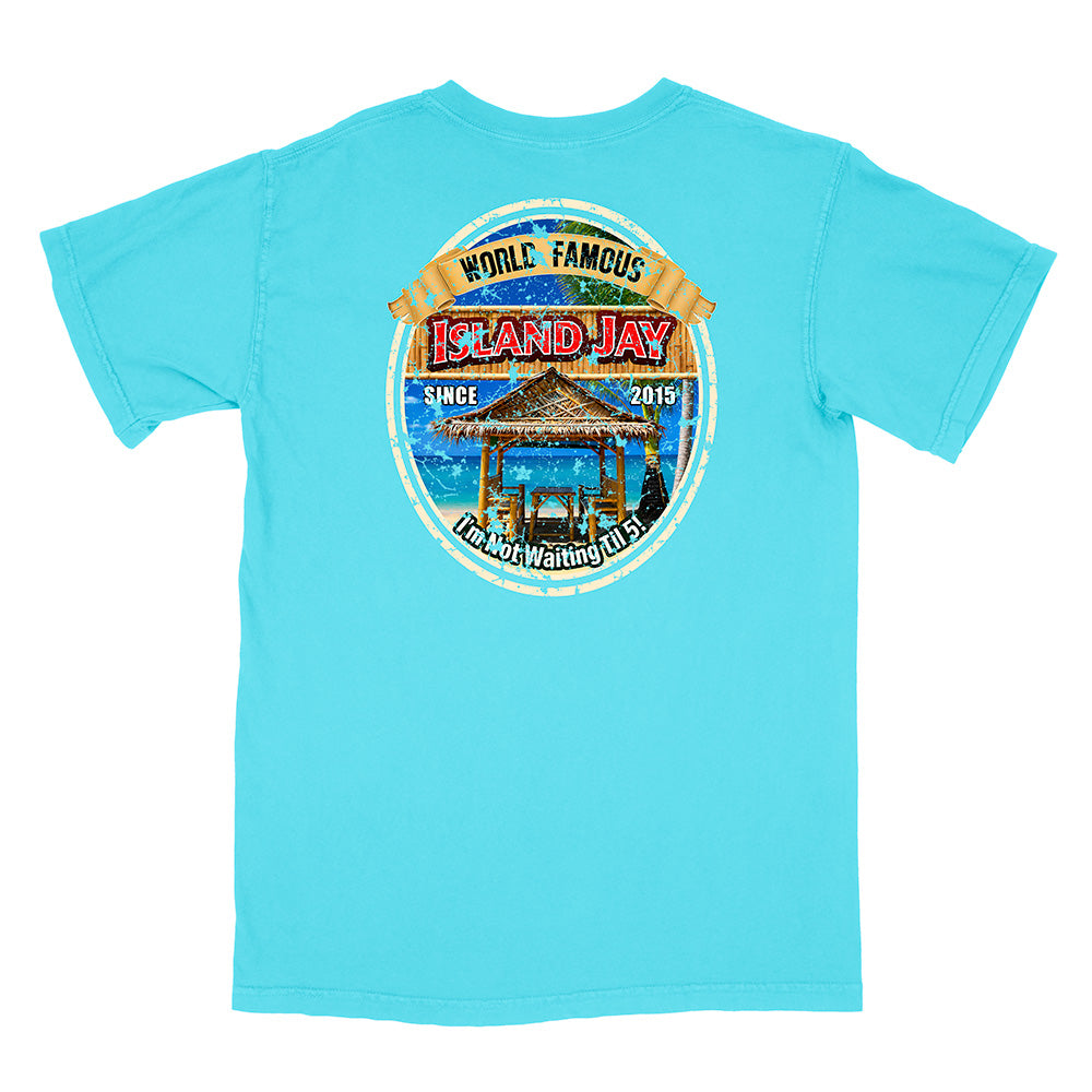 A light blue short-sleeve t-shirt with a large circular graphic on the back featuring a tropical beach scene and the text 'World Famous Island Jay'.