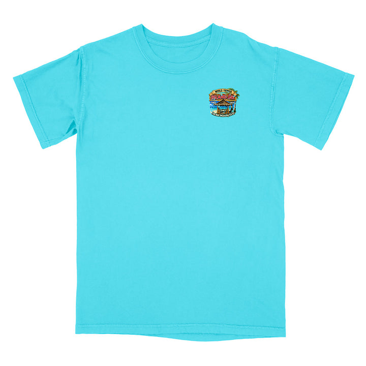 A bright turquoise short-sleeve crewneck t-shirt with a small multicolor graphic of a stacked burger on the left chest, displayed on a solid white background.