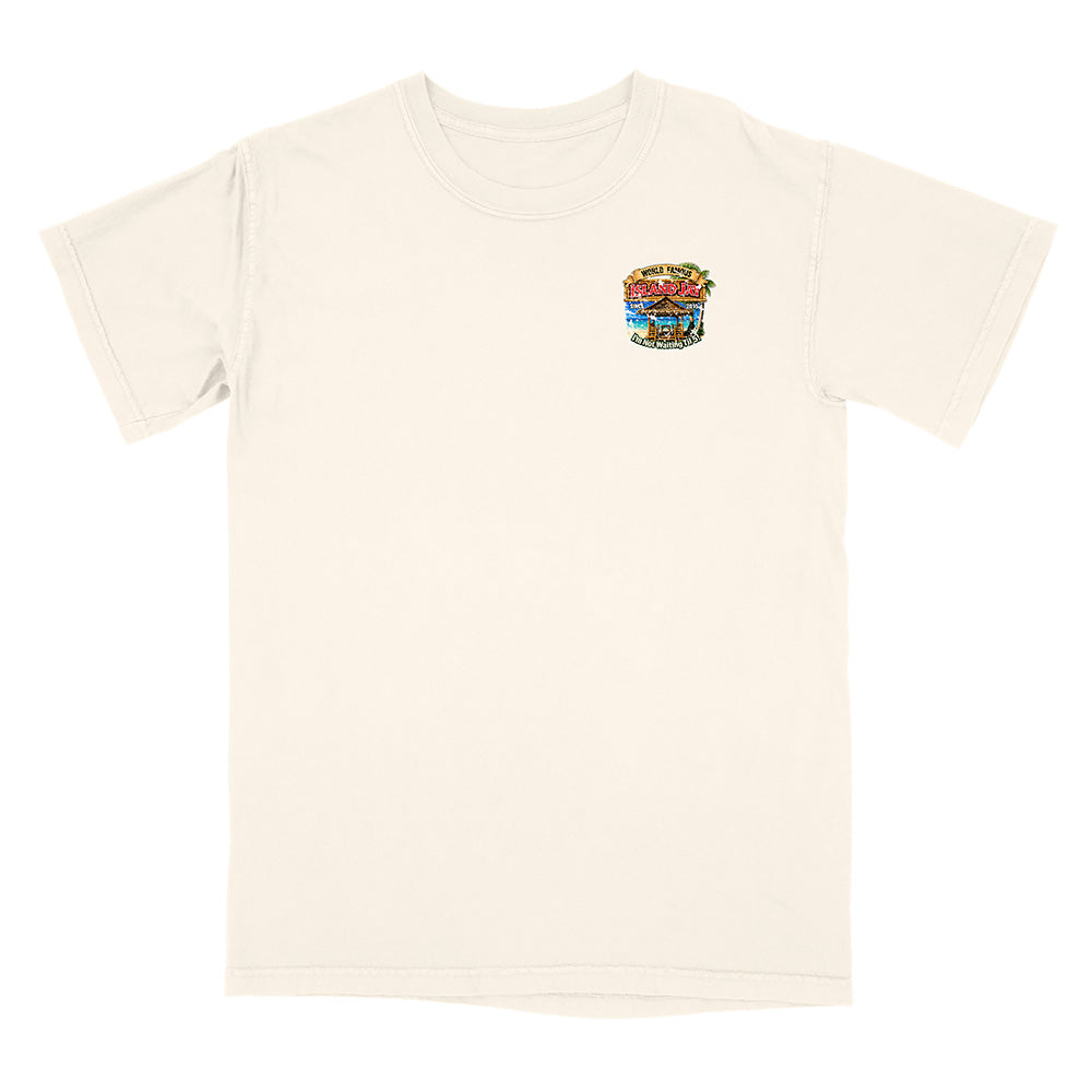An off-white short-sleeve crewneck t-shirt with a small colorful graphic on the left chest depicting a burger with the text 'Burger of the Day'.