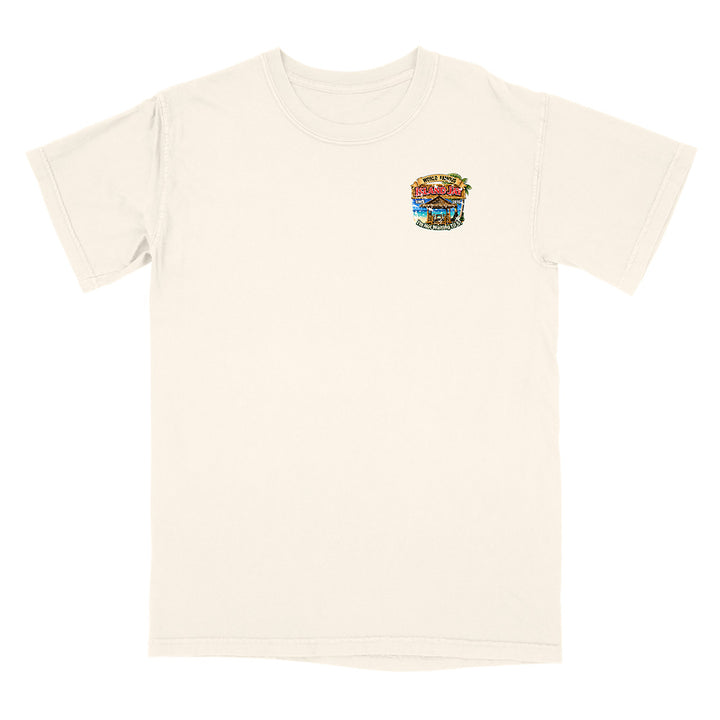 An off-white short-sleeve crewneck t-shirt with a small colorful graphic on the left chest depicting a burger with the text 'Burger of the Day'.