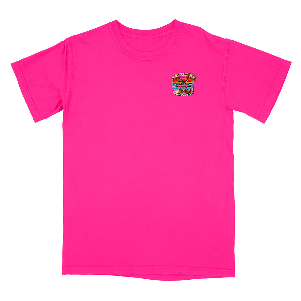 A bright pink short-sleeve crewneck t-shirt with a small colorful graphic printed on the left chest, displayed on a solid white background.