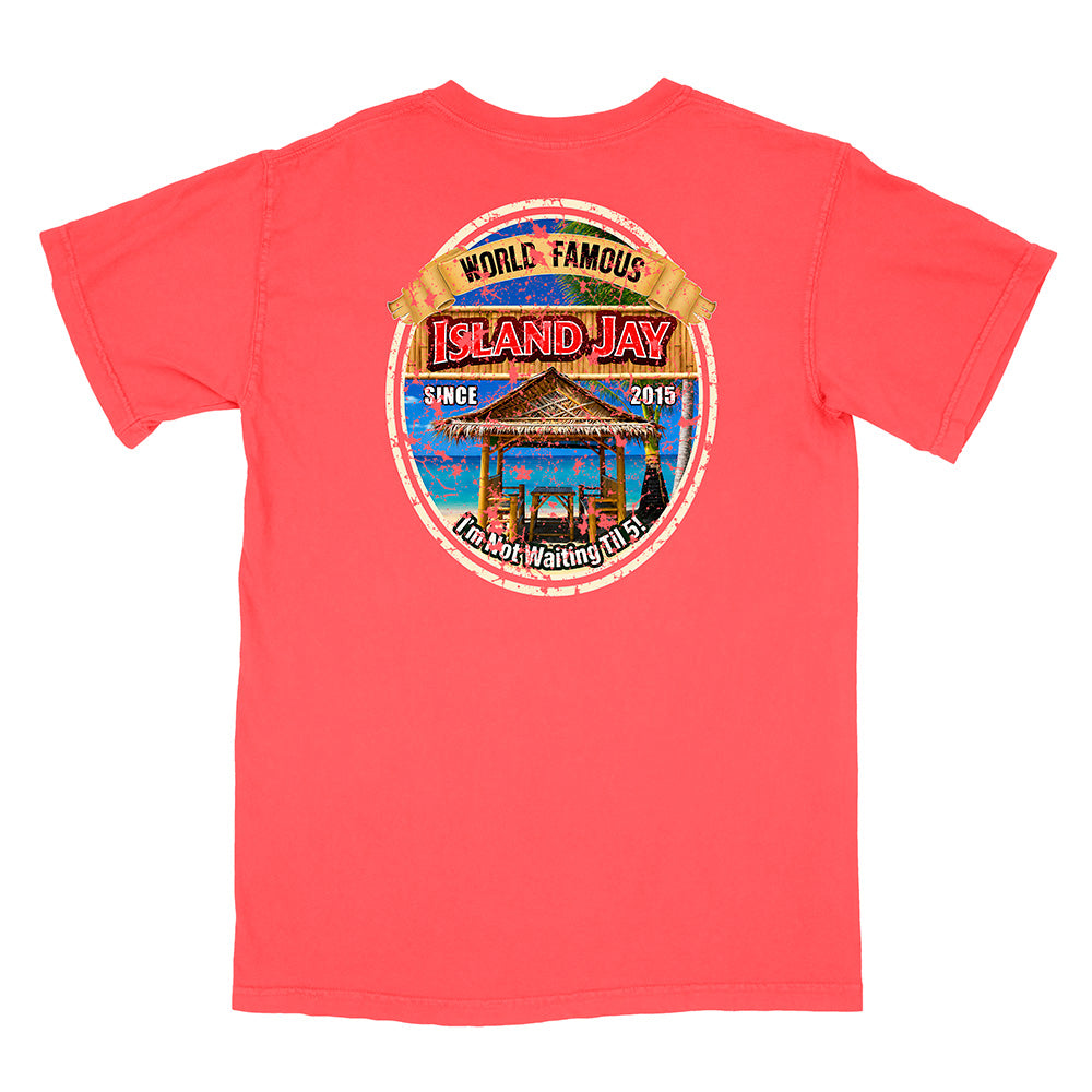 A coral red short-sleeve t-shirt shown from the back, featuring a large circular graphic print on the center back with a tropical island scene and the text 'WORLD FAMOUS ISLAND JAY' and 'I'm Not Waiting For You'.