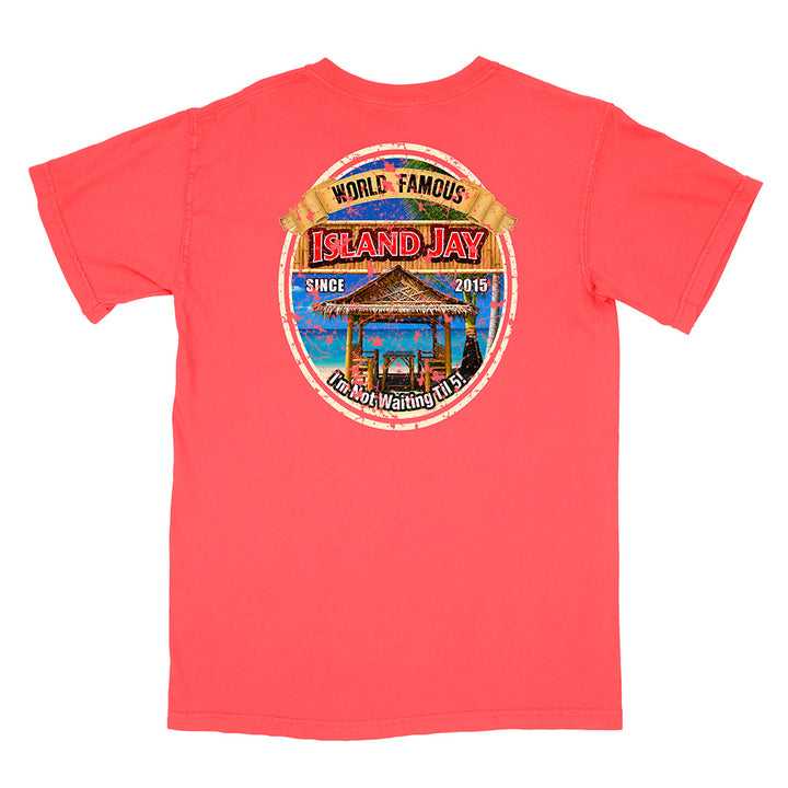 A coral red short-sleeve t-shirt shown from the back, featuring a large circular graphic print on the center back with a tropical island scene and the text 'WORLD FAMOUS ISLAND JAY' and 'I'm Not Waiting For You'.