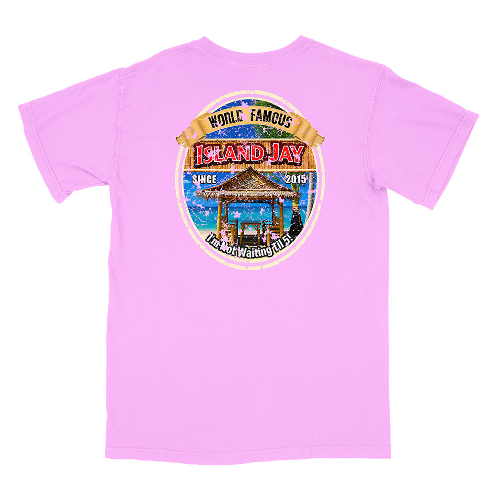A light pink short-sleeve t-shirt shown from the back, featuring a large circular graphic print on the center back with a beach hut, blue water, and a banner reading 'World Famous Island Jay'.