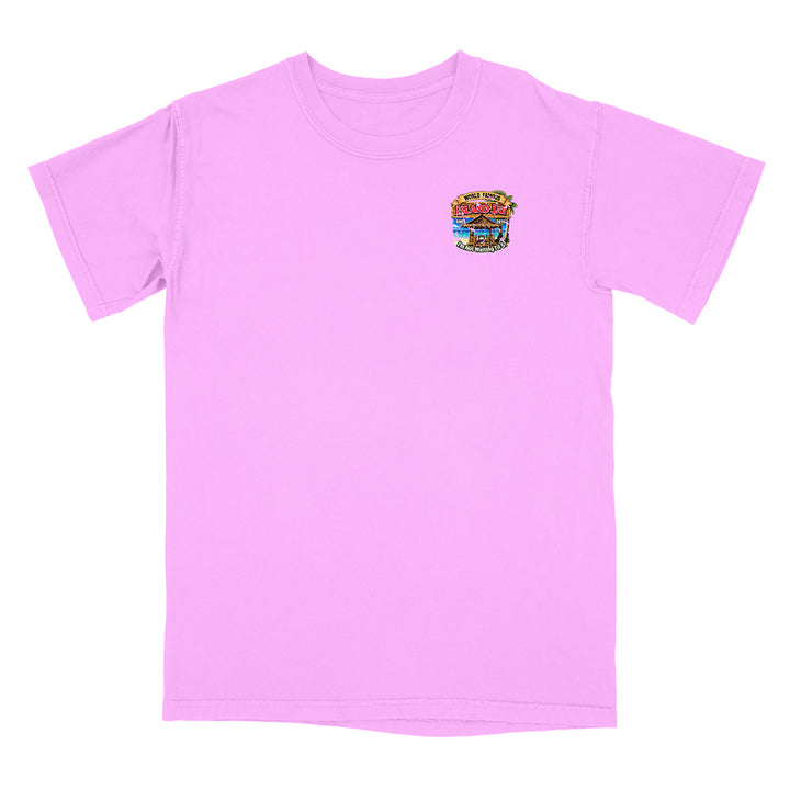 A light pink short-sleeve crewneck t-shirt with a small multicolor graphic on the left chest depicting a burger with the text 'Burger of the Day'.