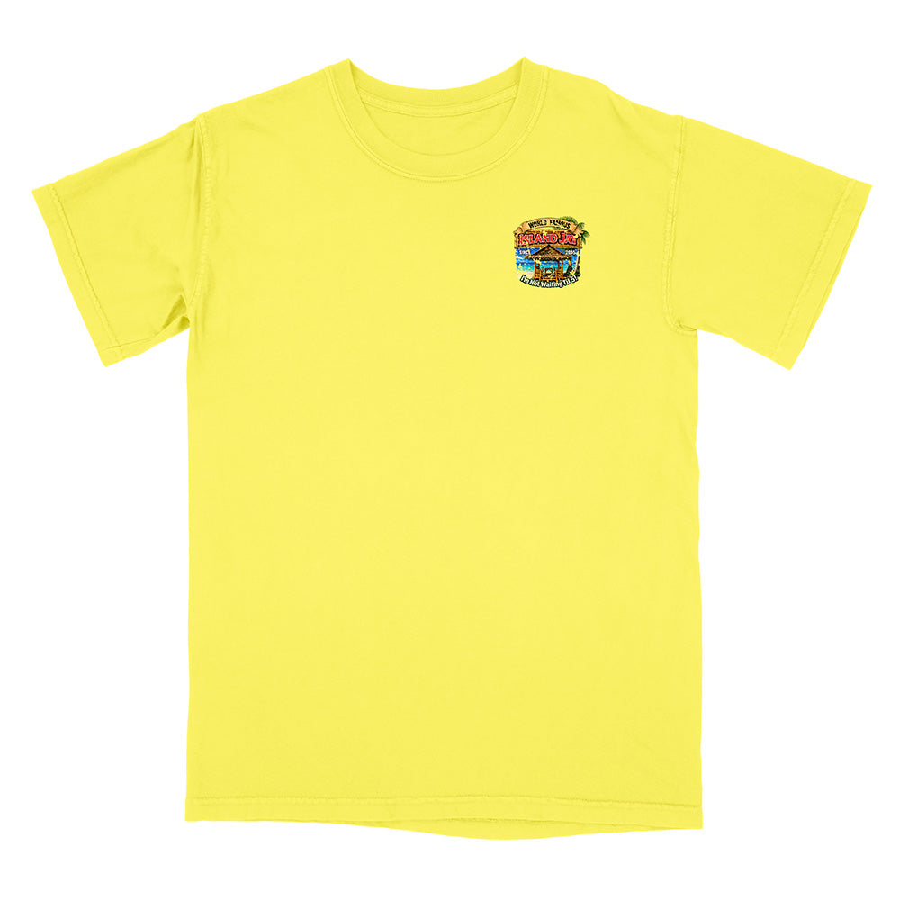 A bright yellow short-sleeve crewneck t-shirt with a small colorful graphic on the left chest, displayed flat against a solid white background.