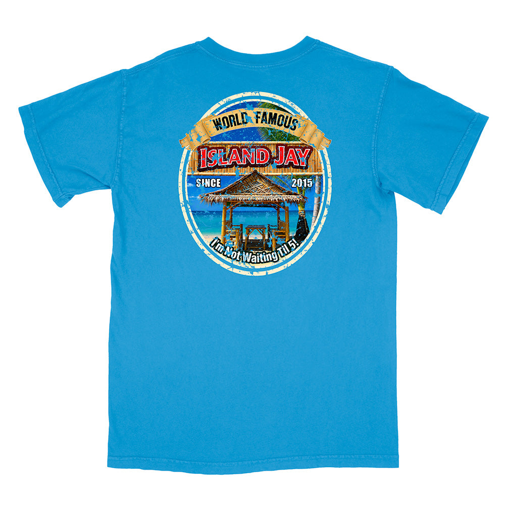 A bright blue short-sleeve t-shirt shown from the back, featuring a large circular graphic print on the center back with a beach hut, blue water, and text reading 'WORLD FAMOUS ISLAND JAY' and 'SINCE 2015'.
