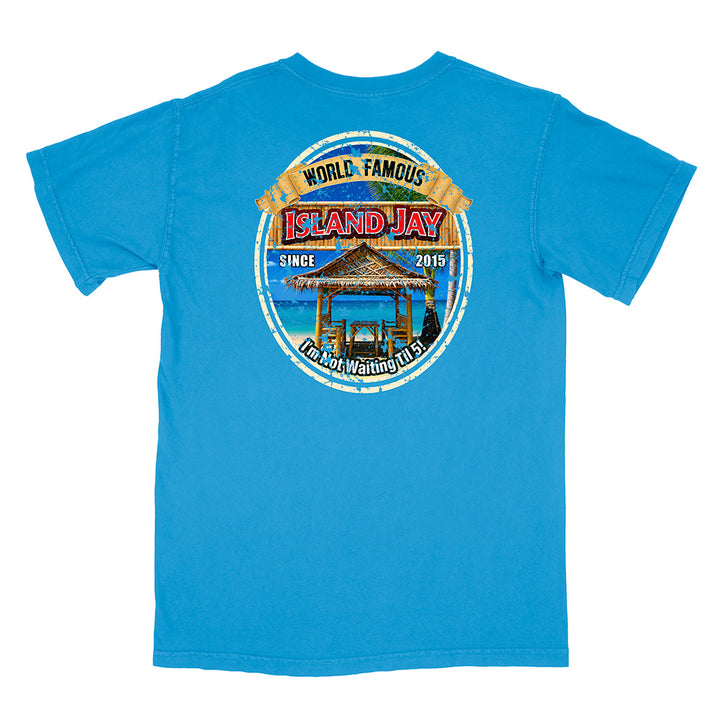 A bright blue short-sleeve t-shirt shown from the back, featuring a large circular graphic print on the center back with a beach hut, blue water, and text reading 'WORLD FAMOUS ISLAND JAY' and 'SINCE 2015'.