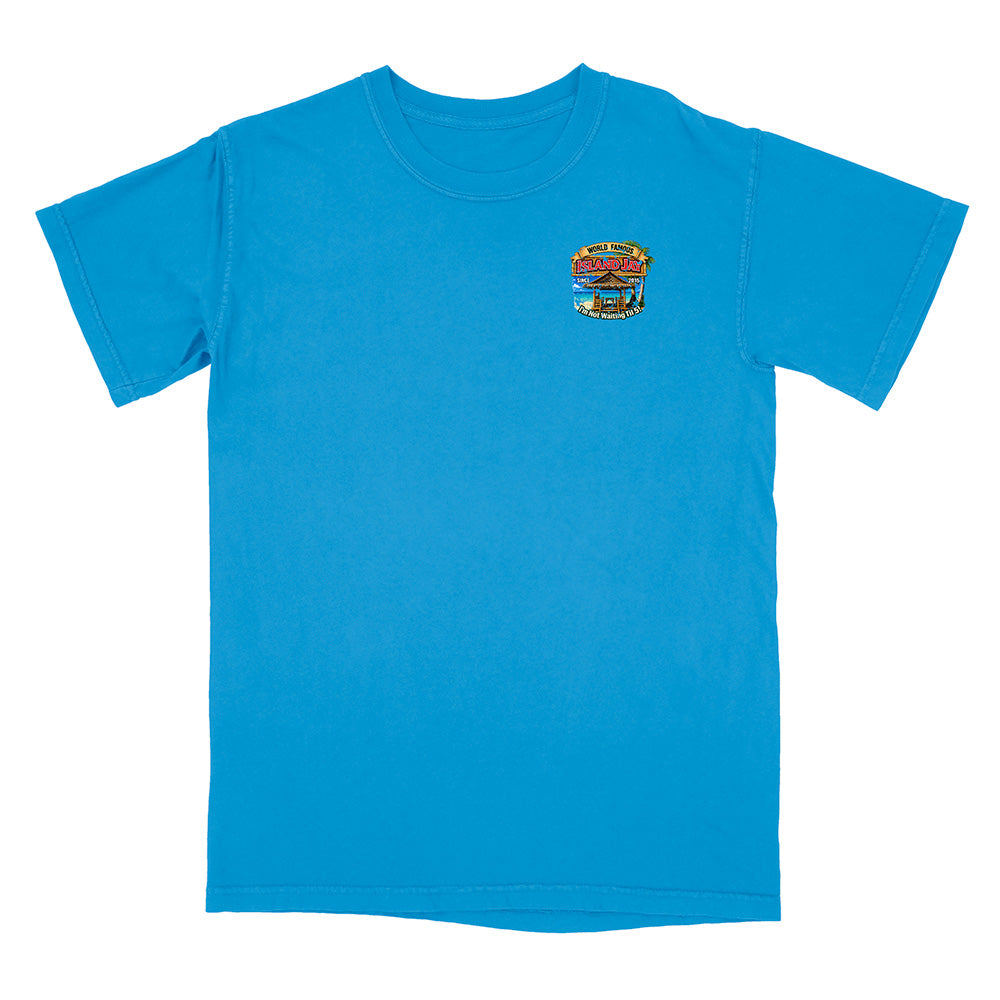 A bright blue short-sleeve crewneck t-shirt with a small multicolor graphic printed on the left chest, displayed against a solid white background.