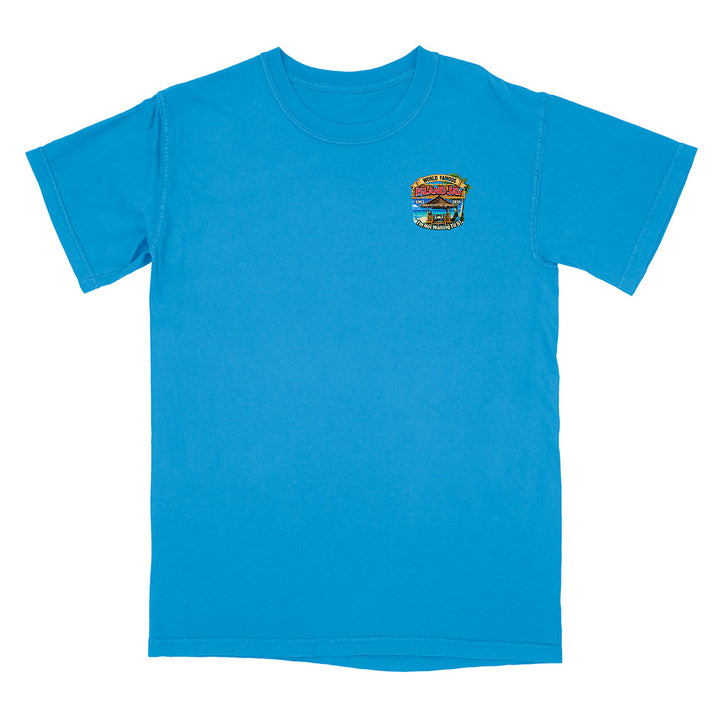 A bright blue short-sleeve crewneck t-shirt with a small multicolor graphic printed on the left chest, displayed against a solid white background.
