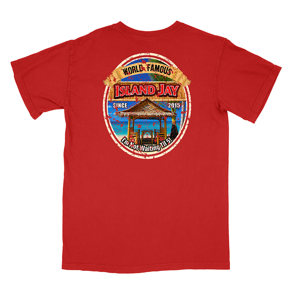 A red short-sleeve t-shirt shown from the back, featuring a large circular graphic print on the center back with a beach scene and the text 'WORLD FAMOUS ISLAND JAY' and 'I'm Not Waiting Too Long'.