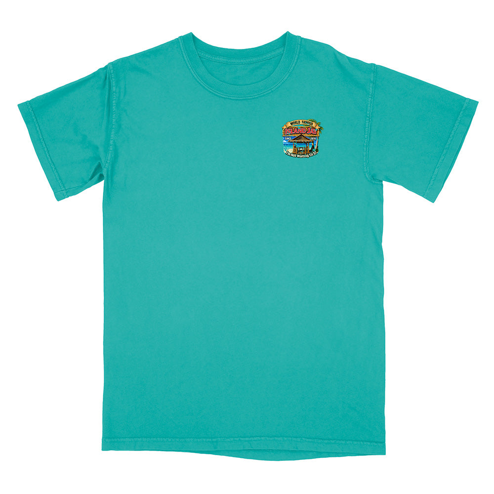 A turquoise short-sleeve crewneck t-shirt with a small multicolor graphic on the left chest, displayed flat against a solid white background.