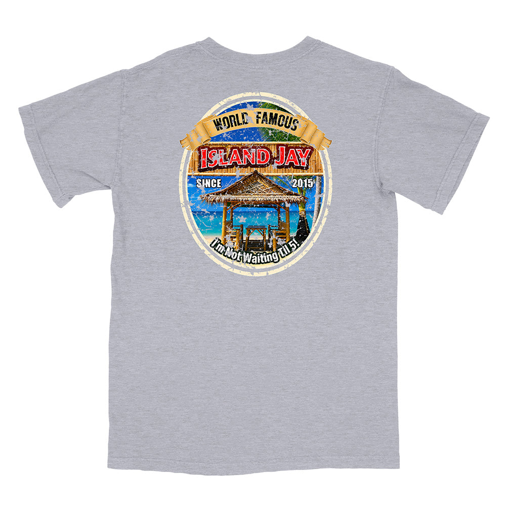 A heather gray short-sleeve t-shirt shown from the back, featuring a large circular graphic print on the center back with a beach cabana, blue water, and text reading 'World Famous Island Jay' and 'The Best Waiting Spot.'.