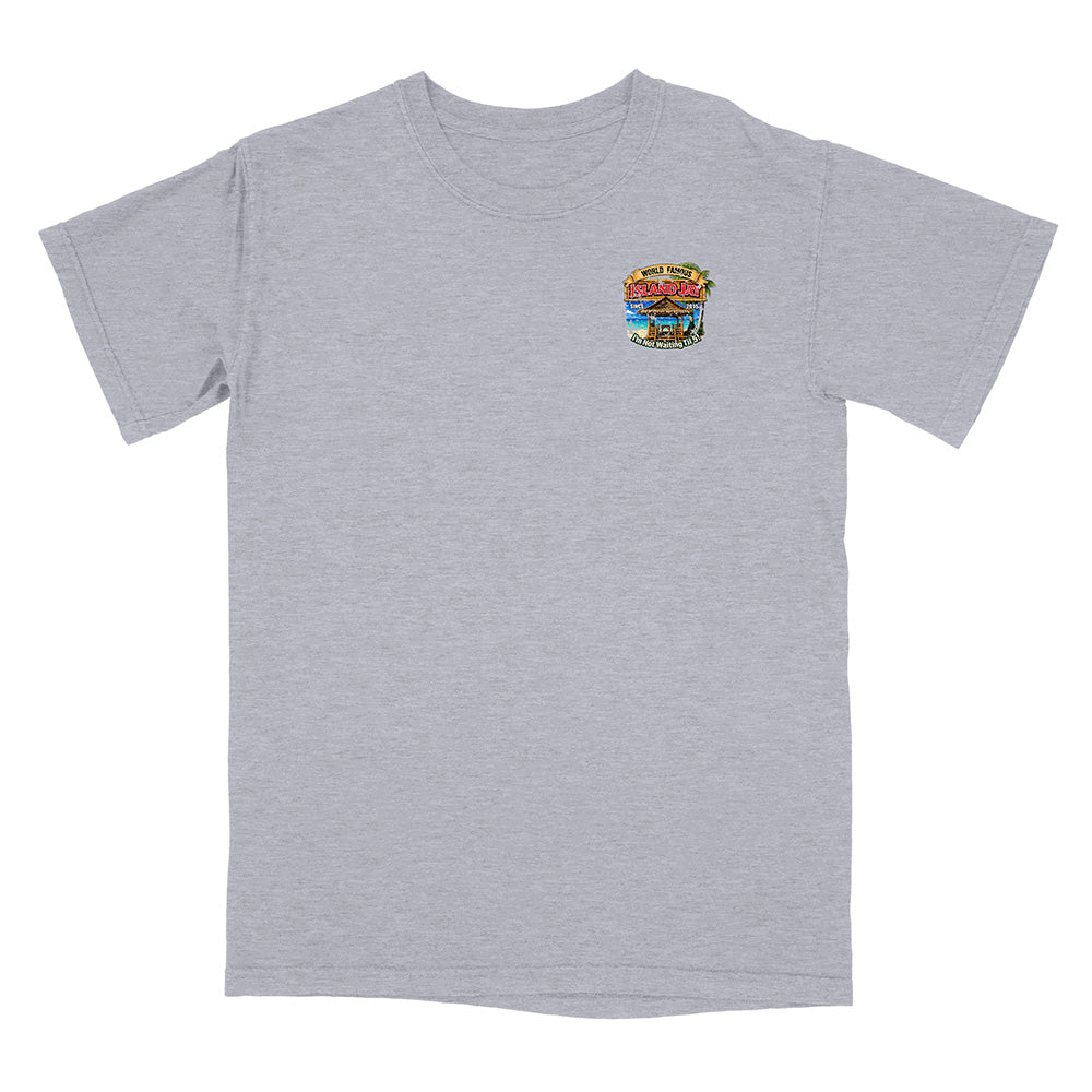 A heather gray short-sleeve crewneck t-shirt with a small colorful graphic on the left chest depicting a burger with the text 'Burger of the Day'.