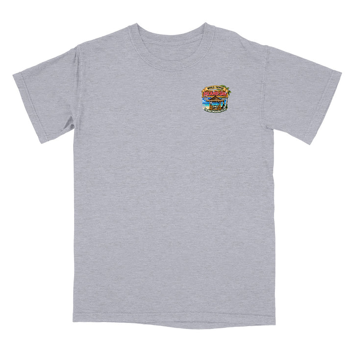 A heather gray short-sleeve crewneck t-shirt with a small colorful graphic on the left chest depicting a burger with the text 'Burger of the Day'.
