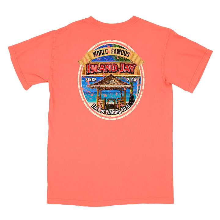 A coral pink short-sleeve t-shirt shown from the back, featuring a large circular graphic print on the center back with a tropical island scene and the text 'ISLAND JAY' and 'WORLD FAMOUS'.