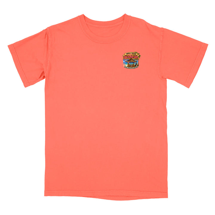 A coral orange short-sleeve crewneck t-shirt with a small multicolor graphic on the left chest, displayed flat against a white background.