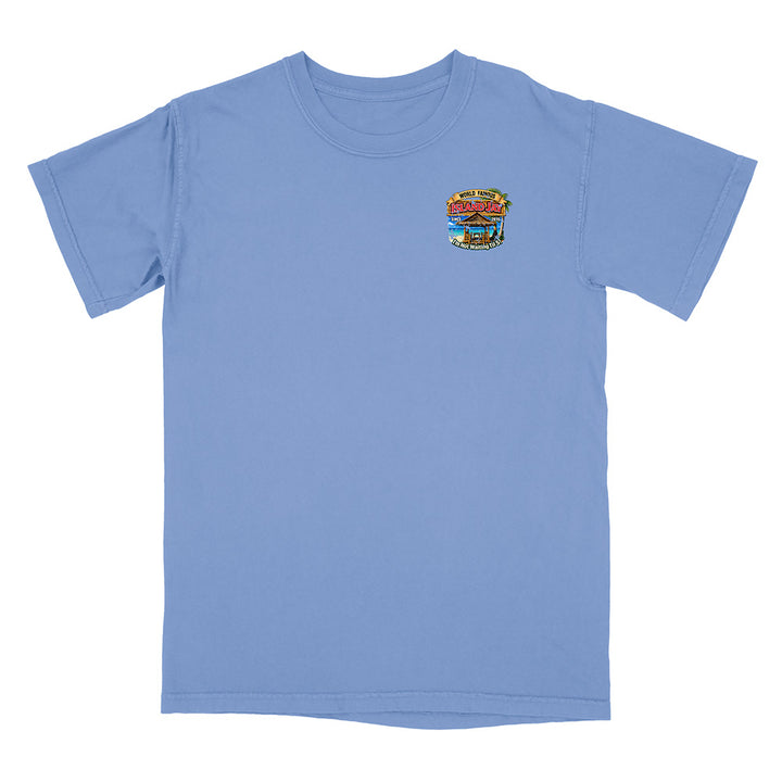 A light blue short-sleeve crewneck t-shirt with a small colorful graphic printed on the left chest, displayed against a solid white background.