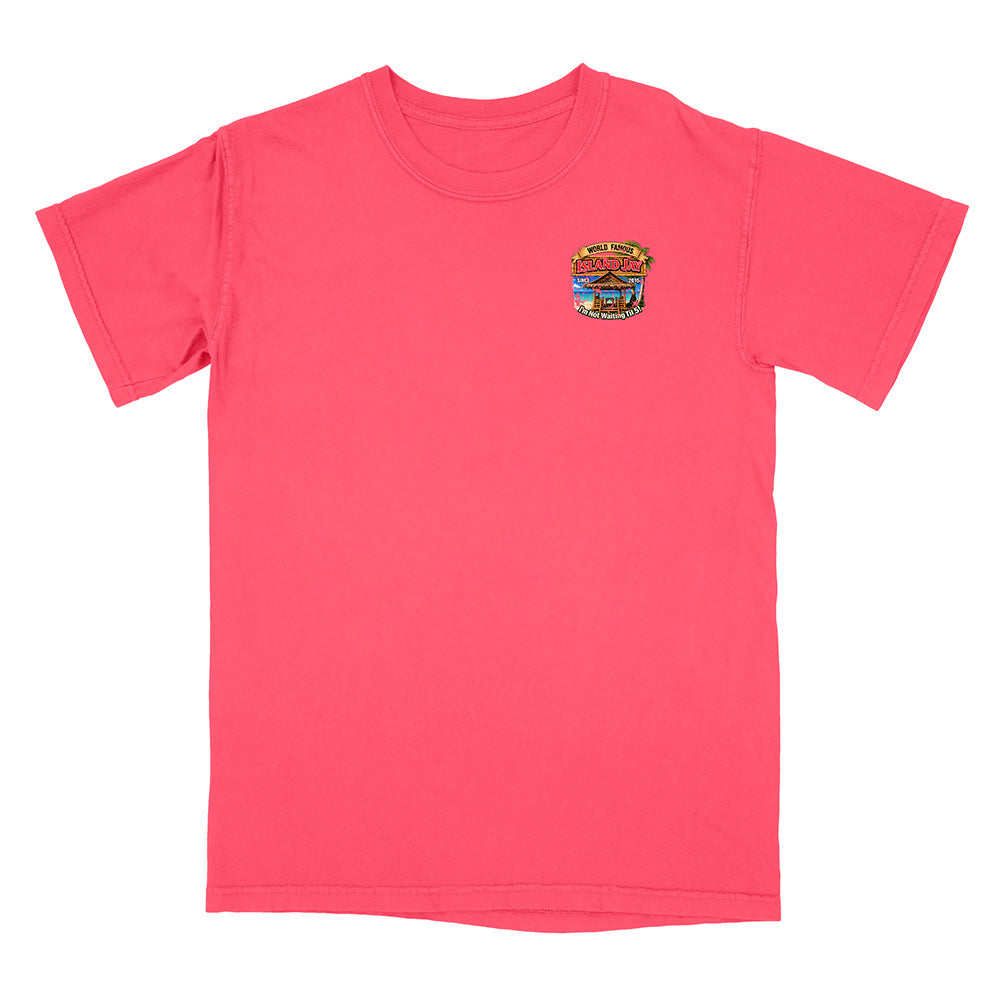 A bright pink short-sleeve crewneck t-shirt with a small colorful graphic on the left chest, displayed flat against a plain white background.