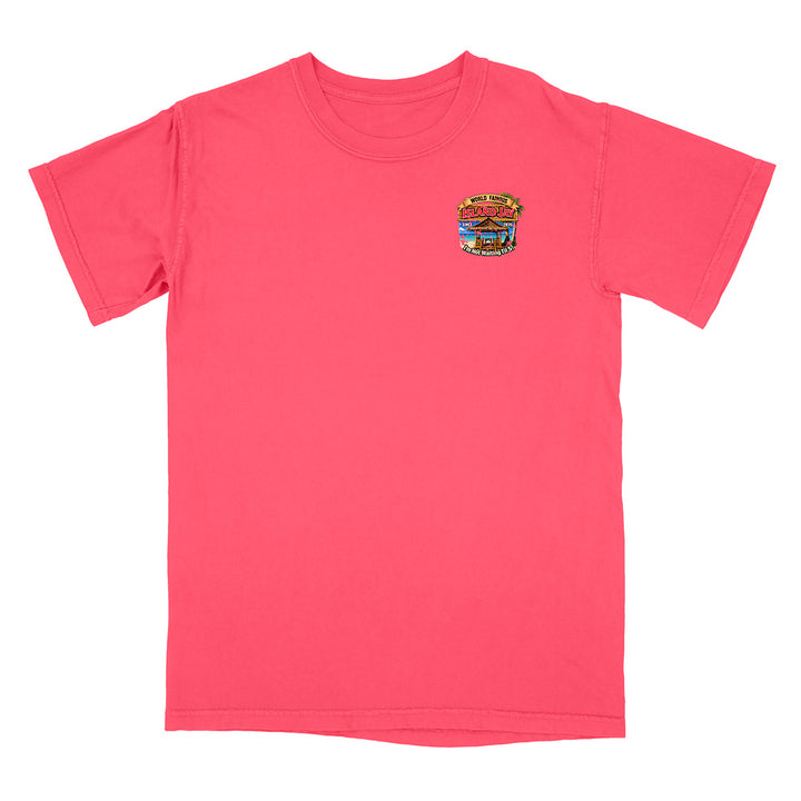 A bright pink short-sleeve crewneck t-shirt with a small colorful graphic on the left chest, displayed flat against a plain white background.