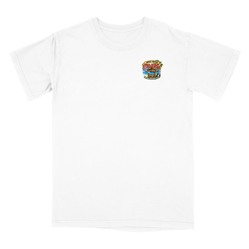A white short-sleeve crewneck t-shirt with a small colorful graphic of a hamburger on the left chest, displayed on a clean white background.