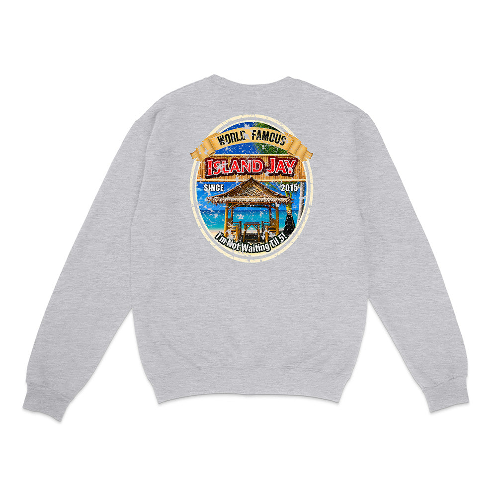 A light gray heather crewneck sweatshirt shown from the back, featuring a large circular graphic print on the upper back with a beach scene and the text 'Whale Famous Island Hay'.