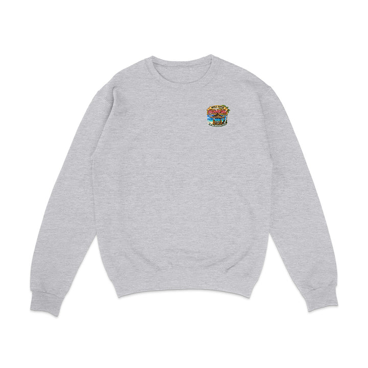 A light heather gray crewneck sweatshirt with a small colorful graphic of a hamburger on the left chest, displayed on a clean white background.