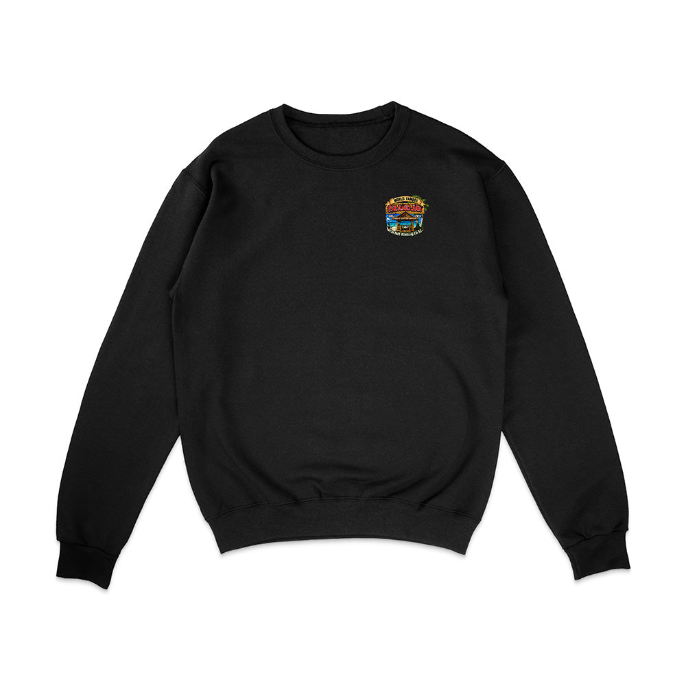 A black crewneck sweatshirt with a small colorful graphic on the left chest, displayed flat against a solid white background.