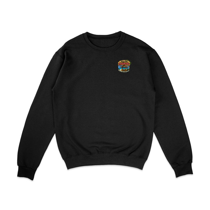 A black crewneck sweatshirt with a small colorful graphic on the left chest, displayed flat against a solid white background.